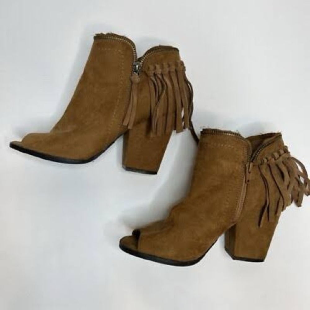 Dolce Vita Tan Suede Peep-Toe Ankle Booties with Fringe